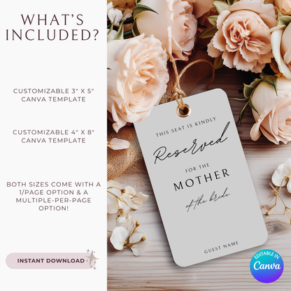 Minimalist Wedding Reserved Seating Tag Template | Customizable