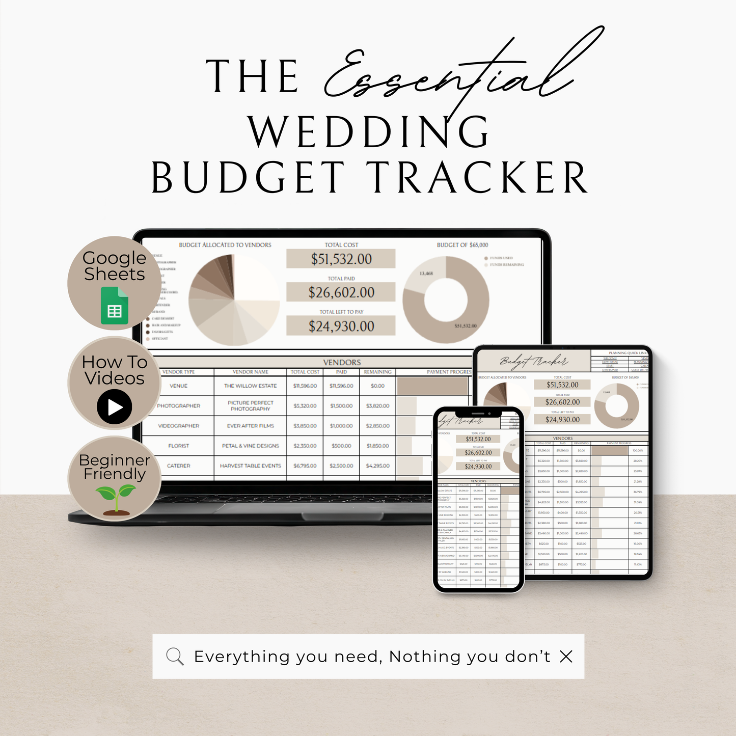Essential Wedding Budget Tracker Spreadsheet - Neutral Edition