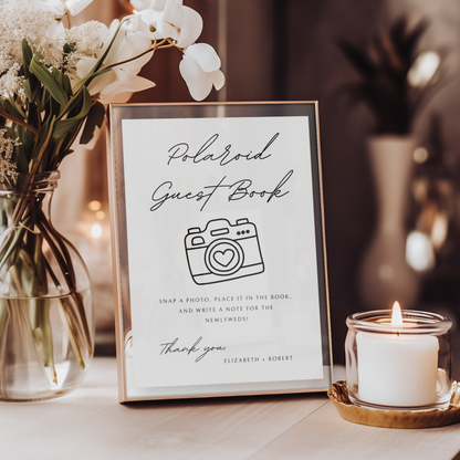 Modèle Canva d'un panneau pour livre d'or Polaroïd minimaliste | Personnalisable et prêt à imprimer