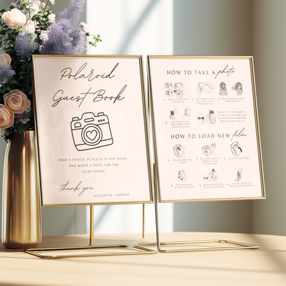Modèle de lot livre d'or et panneaux d'instructions minimalistes Polaroid | Personnalisable et prêt à imprimer