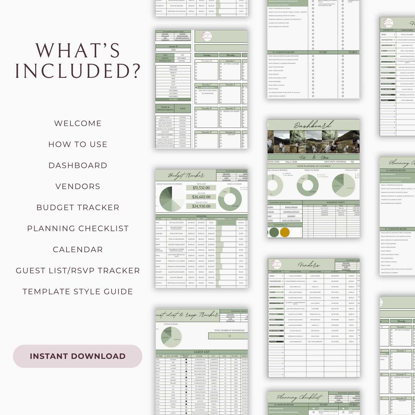 Essential Wedding Planning Spreadsheet - Sage Edition
