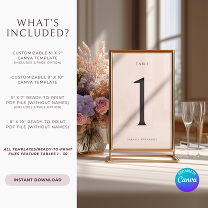 Minimalist Table Number Signs Template | Set of 30 | Customizable & Ready-to-print