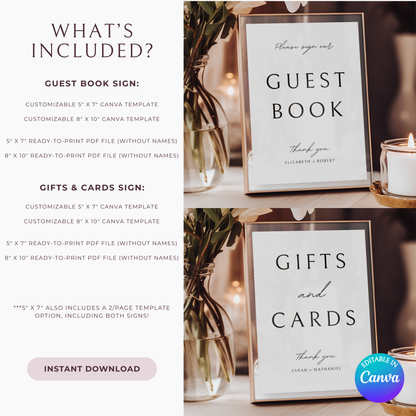 Minimalist Guest Book and Gifts & Cards Sign Template Bundle | Customizable & Ready-to-print