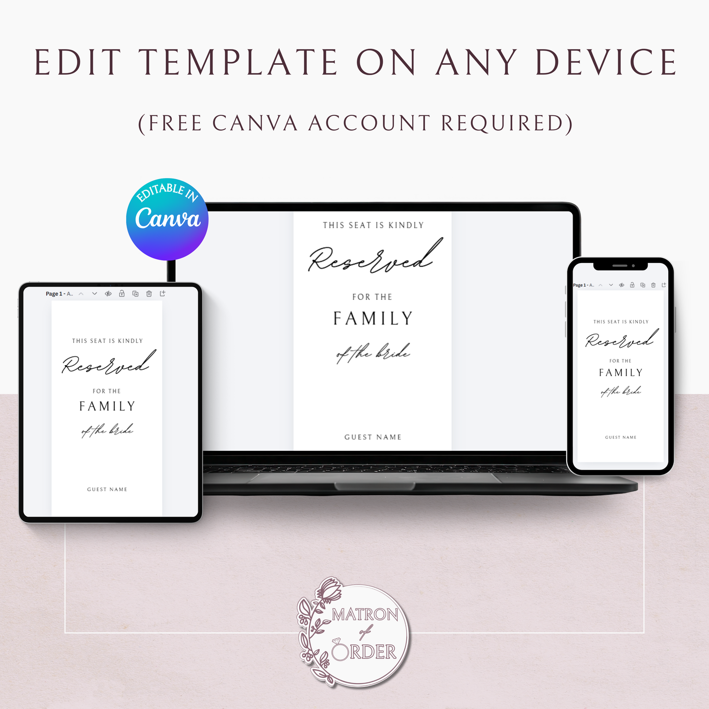 Minimalist Wedding Reserved Seating Tag Template | Customizable