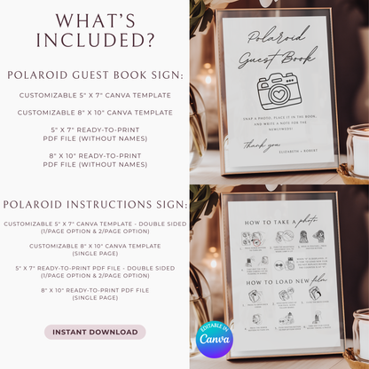 Modèle de lot livre d'or et panneaux d'instructions minimalistes Polaroid | Personnalisable et prêt à imprimer