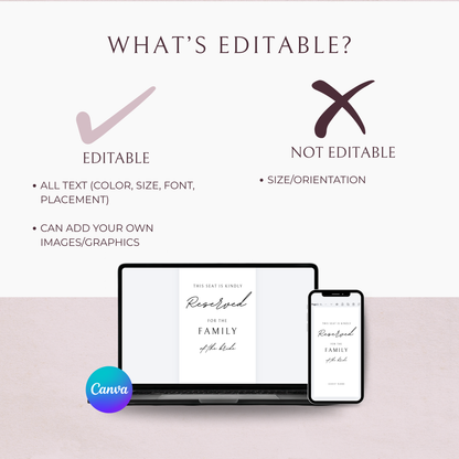 Minimalist Wedding Reserved Seating Tag Template | Customizable