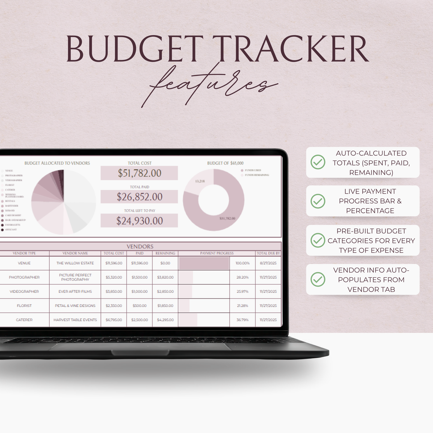 Essential Wedding Budget Tracker Spreadsheet - Blush Edition