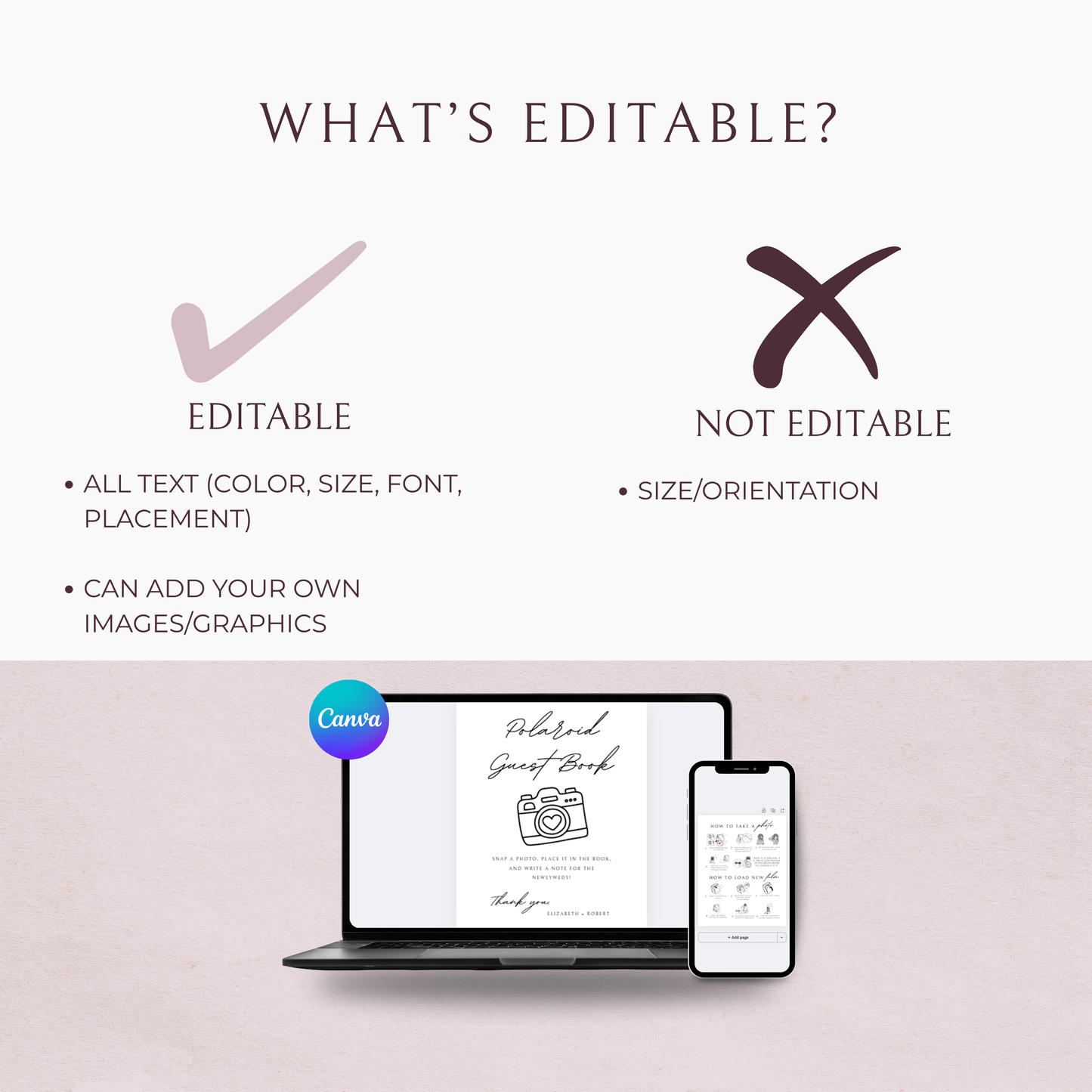 Modèle de lot livre d'or et panneaux d'instructions minimalistes Polaroid | Personnalisable et prêt à imprimer